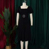 SC Plus Size Solid Color Flare Sleeve Belt Midi Dress GCZF-8629
