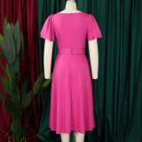 SC Plus Size Solid Color Flare Sleeve Belt Midi Dress GCZF-8629