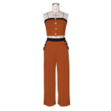 SC Color Block Wrap Chest Tops Loose Pants 2 Piece Set ZSD-0747