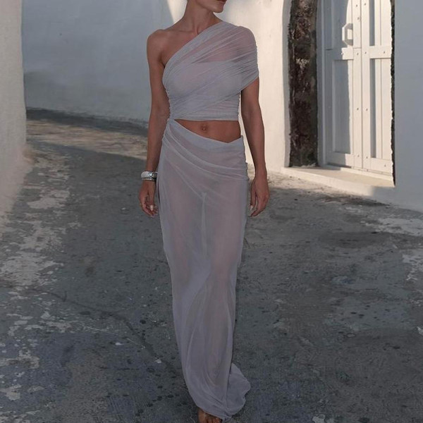 SC Sexy Mesh Slash Shoulder Maxi Dress FL-ZX25009PFO