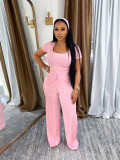SC Solid Color Square Neck Top And Wide Leg Pants Suit SFY-730