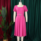 SC Plus Size Solid Color Flare Sleeve Belt Midi Dress GCZF-8629