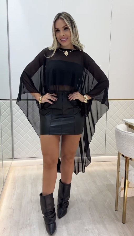 SC Round Neck Long Mesh Shawl Blouse QODY-6061