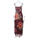 SC Floral Mesh Flutter Split Maxi Dress FL-XY25008DGO