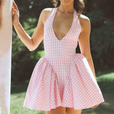 SC V Neck Plaid Print Contrast Color Mini Dress FL-XY25001PFO