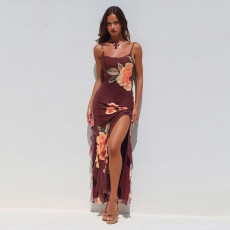 SC Floral Mesh Flutter Split Maxi Dress FL-XY25008DGO