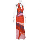 SC Deep V Neck Print Sexy Maxi Dress FL-JY25060MHO