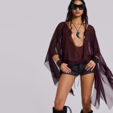 SC Sheer Solid Color Irregular Poncho Top XEF-K25L69006