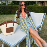 SC Colorful Weave Loose V-Neck Long Sleeve Maxi  Dress GFRT-32522DBY