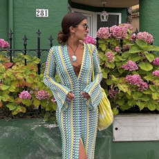 SC Colorful Weave Loose V-Neck Long Sleeve Maxi  Dress GFRT-32522DBY