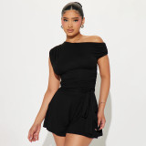 SC Solid Color Slash Shoulder Tie Up Short Suit GDSF-Q25RP143