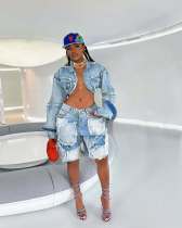 SC Vintage Washed Denim Long Sleeve Short Suit TR-1332