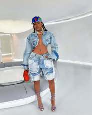 SC Vintage Washed Denim Long Sleeve Short Suit TR-1332