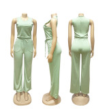 SC Solid Color Sleeveless Tie Up Two Piece Pants Set SFY-728