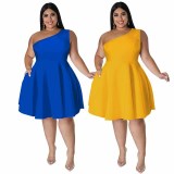 SC Plus Size Solid Color Slash Shoulder Midi Dress GDAM-218703