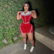 SC Plus Size Stripe Patchwork Contrast Color Sport Shorts Suit NY-3623