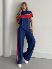 SC Stripe Patchwork Short Sleeve Top Two Piece Pants Set SH-391374