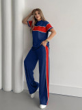 SC Stripe Patchwork Short Sleeve Top Two Piece Pants Set SH-391374