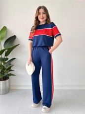 SC Stripe Patchwork Short Sleeve Top Two Piece Pants Set SH-391374