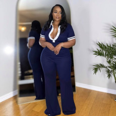 SC Plus Size Color Block Lapel Micro Flare Jumpsuit NY-11053