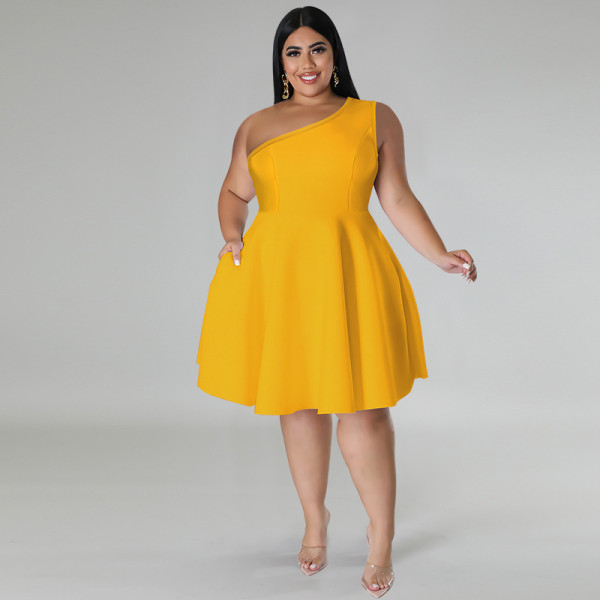 SC Plus Size Solid Color Slash Shoulder Midi Dress GDAM-218703