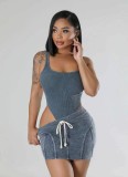 SC Rib Washed Sleeveless Bodysuit Two Piece Skirt Set GBGF-6620
