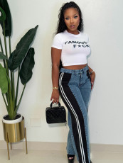 SC Stripe Patchwork Wide Leg Jeans SH-391301