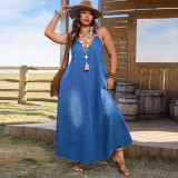 SC Plus Size Deep V Neck Denim Maxi Dress GDAM-218712