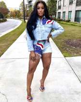 SC Casual Denim Flag Print Two Piece Shorts Set TR-1321