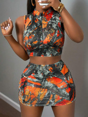 SC Tree Branch Printed Fashion Short Skirt Two Piece Set GBGF-8802