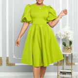 SC Plus Size Solid Color Lantern Sleeve Midi Dress GCZF-8631