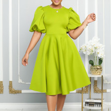 SC Plus Size Solid Color Lantern Sleeve Midi Dress GCZF-8631