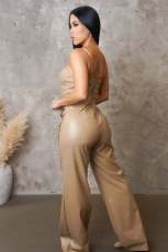 SC PU Leather Halter Sleeveless Wide Leg Jumpsuit OSM-4479