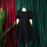 SC Plus Size Solid Color Lantern Sleeve Midi Dress GCZF-8631