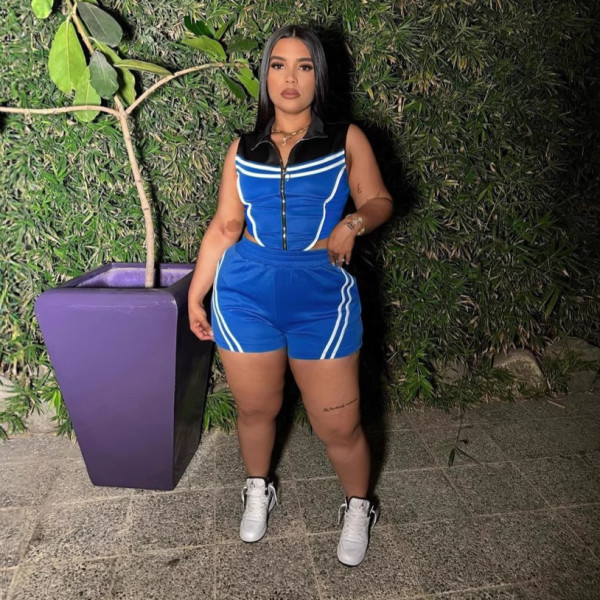 SC Plus Size Stripe Patchwork Contrast Color Sport Shorts Suit NY-3623