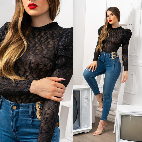 VIP1 Letter Print Long Sleeve Mesh Tops QKYF-71601