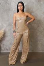 SC PU Leather Halter Sleeveless Wide Leg Jumpsuit OSM-4479