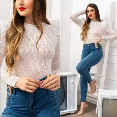 VIP1 Letter Print Long Sleeve Mesh Tops QKYF-71601