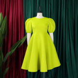 SC Plus Size Solid Color Lantern Sleeve Midi Dress GCZF-8631