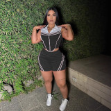SC Plus Size Stripe Patchwork Contrast Color Sport Shorts Suit NY-3623