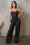 SC PU Leather Halter Sleeveless Wide Leg Jumpsuit OSM-4479