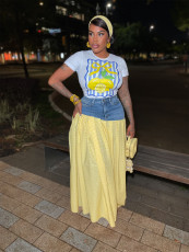 SC Printed T-shirt Spliced Plaid Split Long Skirt Two-piece Set  SFY-718