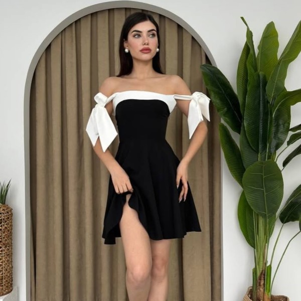 SC Patchwork Tie Up Square Neck Mini Dress GWSD-D1994494