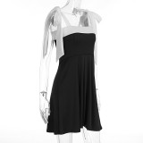 SC Patchwork Tie Up Square Neck Mini Dress GWSD-D1994494