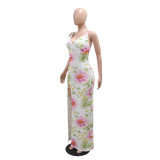 SC V Neck Backless Print Maxi Dress CYA-901790