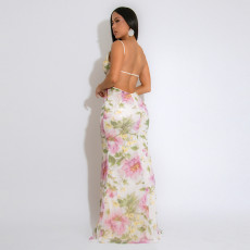 SC V Neck Backless Print Maxi Dress CYA-901790