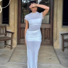 SC Solid Color Short Sleeve Pleated Maxi Dress GWSD-D1994539