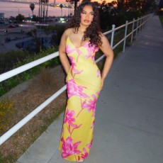 SC Print Sling V Neck Backless Maxi Dress GWSD-D1994525