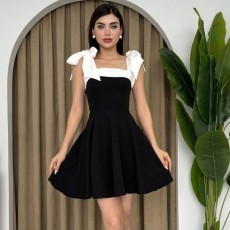 SC Patchwork Tie Up Square Neck Mini Dress GWSD-D1994494