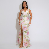 SC V Neck Backless Print Maxi Dress CYA-901790